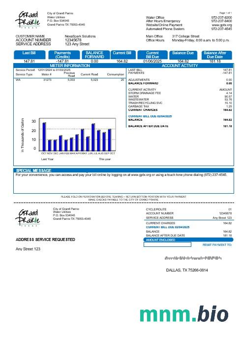 USA Texas Grand Prairie rachunek za usługi komunalne szablon w formacie Word i PDF